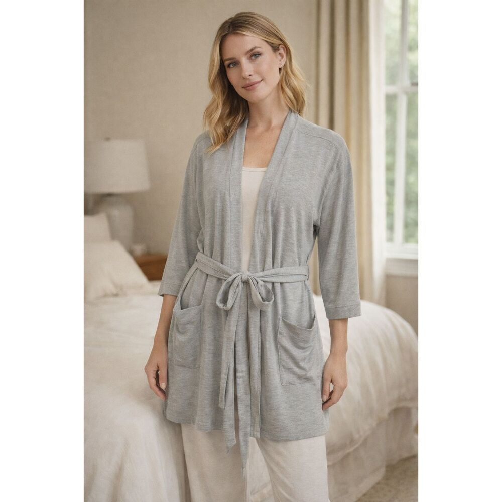 QUINCE Gray Open Cardigan Tie Up Pocket Robe Women's Size Small